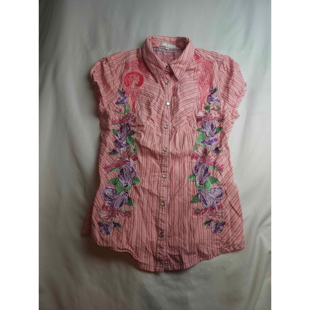3J Workshop Johnny Was Pink Striped Floral Butterfly Embroidered Womens Shirt S